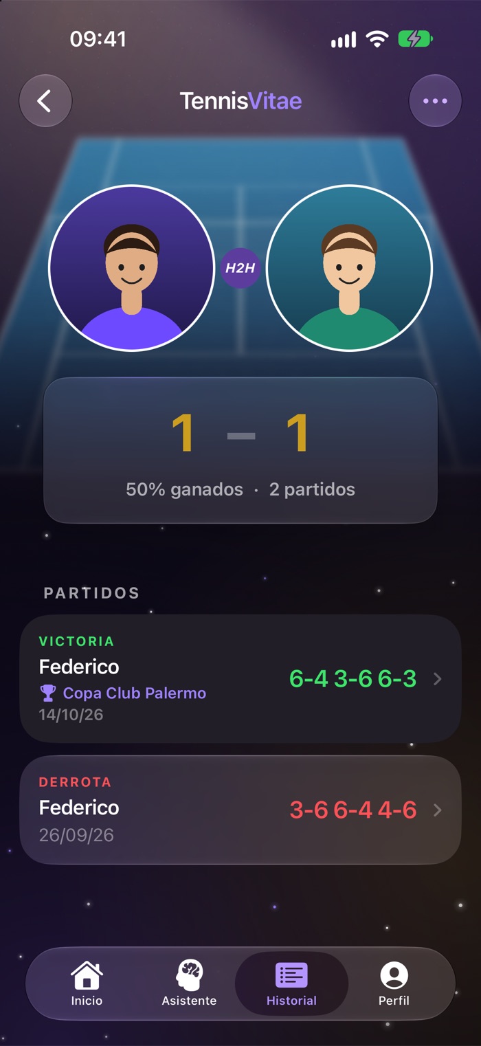 Ficha de un rival con el balance y todos los partidos jugados